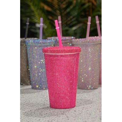 İronika Stars Parlak Taşlı Çift Katmanlı Pipetli Soğuk İçecek Bardağı 500 ml Termos Bardak Koyu Pembe