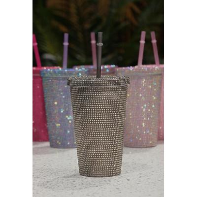 İronika Stars Parlak Taşlı Çift Katmanlı Pipetli Soğuk İçecek Bardağı 500 ml Termos Bardak Gri