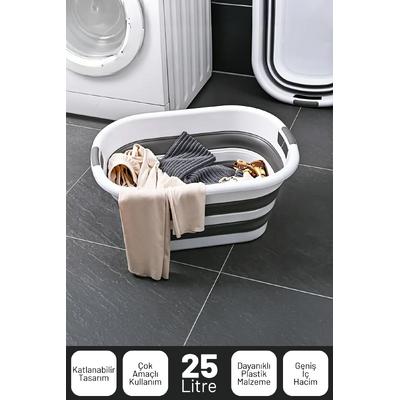 İronika Silikon Katlanabilir Çamaşır Sepeti Akordiyon Çok Amaçlı Sepet 25LT Gri