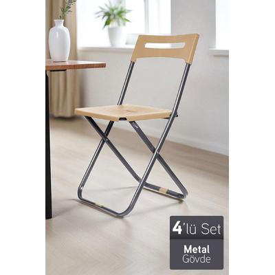 İronika Safran Katlanabilir Metal Gövdeli Sandalye Katlanır Mutfak Bahçe Kamp Sandalyesi Krem 4 Adet