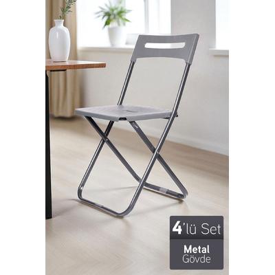 İronika Safran Katlanabilir Metal Gövdeli Sandalye Katlanır Mutfak Bahçe Kamp Sandalyesi Gri 4 Adet