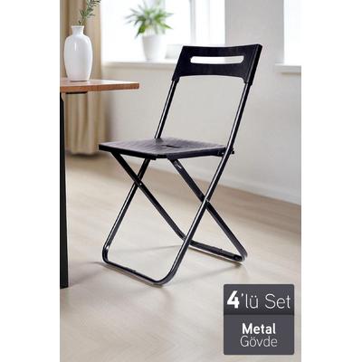 İronika Safran Katlanabilir Metal Gövdeli Sandalye Katlanır Mutfak Bahçe Kamp Sandalyesi Siyah 4 Adet