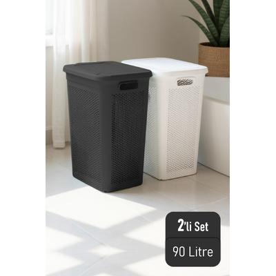 İronika Slim İki Bölmeli Kapaklı Dekoratif Kirli Çamaşır Sepeti 90 Litre Siyah - Beyaz