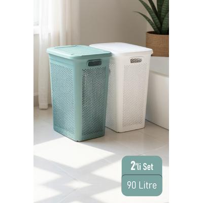 İronika Slim İki Bölmeli Kapaklı Dekoratif Kirli Çamaşır Sepeti 90 Litre Yeşil - Beyaz