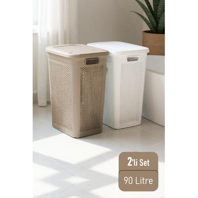 İronika Slim İki Bölmeli Kapaklı Dekoratif Kirli Çamaşır Sepeti 90 Litre Kahve - Beyaz