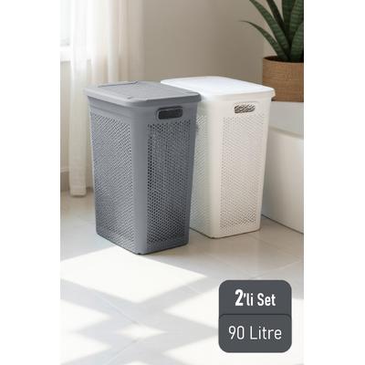 İronika Slim İki Bölmeli Kapaklı Dekoratif Kirli Çamaşır Sepeti 90 Litre Gri - Beyaz