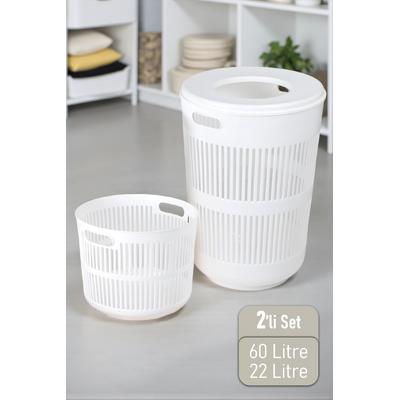 İronika Solara İkili Dekoratif Kirli Çamaşır Sepeti Seti Oyuncak Sepeti 60 - 22 Litre Beyaz