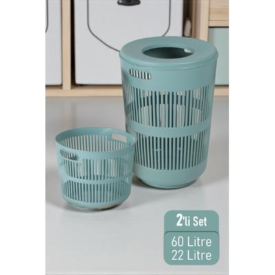 İronika Solara İkili Dekoratif Kirli Çamaşır Sepeti Seti Oyuncak Sepeti 60 - 22 Litre Yeşil