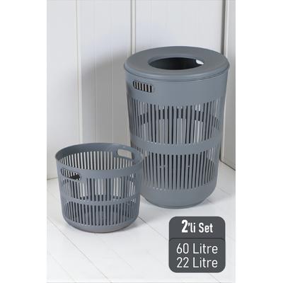 İronika Solara İkili Dekoratif Kirli Çamaşır Sepeti Seti Oyuncak Sepeti 60 - 22 Litre Gri