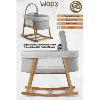 İronika Woox Ahşap Çift Yönlü Sallanabilir Cibinlikli Anne Yanı Bebek Beşik Hamak Yıkanabilir Naturel Keten Kumaşlı-Gri