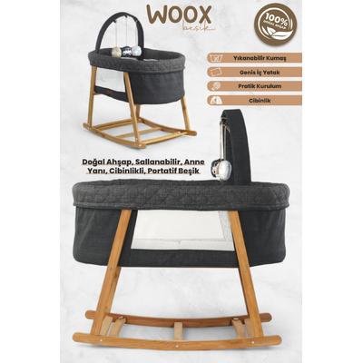 İronika Woox Ahşap Çift Yönlü Sallanabilir Cibinlikli Anne Yanı Bebek Beşik Hamak Yıkanabilir Naturel Keten Kumaşlı-Siyah