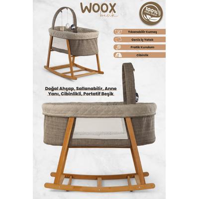 İronika Woox Ahşap Çift Yönlü Sallanabilir Cibinlikli Anne Yanı Bebek Beşik Hamak Yıkanabilir Naturel Keten Kumaşlı-Kahve