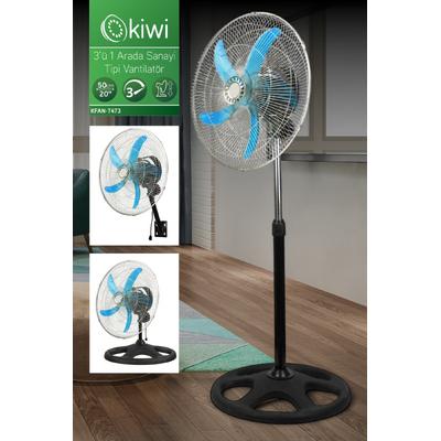 Kiwi 7473 3 ü 1 Arada Duvar Tipi Standlı ve Masa Üstü Sağa-Sola Aşağı Yukarı Salınımlı Metal Sanayi Tipi Endüstriyel Vantilatör