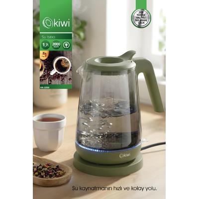 Kiwi KK-3350 Cam Su Isıtıcı | 2000W &1.7 L Borosilikat Cam LED Işıklı & 360° Kablosuz Kullanım Yeşil