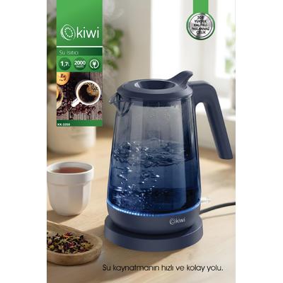 Kiwi KK-3350 Cam Su Isıtıcı | 2000W & 1.7 L Borosilikat Cam & LED Işıklı & 360° Kablosuz Kullanım Mavi