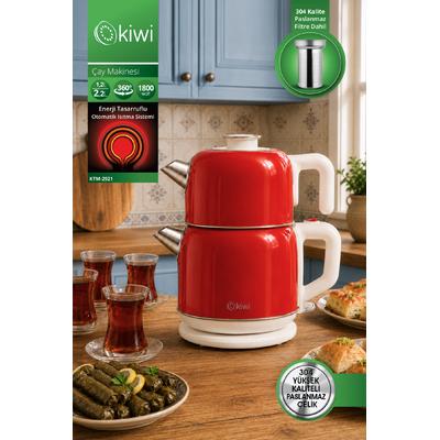 Kiwi KTM-2921 Paslanmaz Çelik Çay Makinesi | 1800W & 2.2 L Su Isıtıcı & 1.2 L Demlik & 90°C Sıcak Tutma - Kırmızı