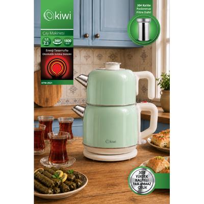 Kiwi KTM-2921 Paslanmaz Çelik Çay Makinesi | 1800W & 2.2 L Su Isıtıcı & 1.2 L Demlik & 90°C Sıcak Tutma - Yeşil