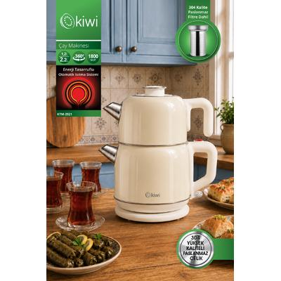 Kiwi KTM-2921 Paslanmaz Çelik Çay Makinesi | 1800W & 2.2 L Su Isıtıcı & 1.2 L Demlik & 90°C Sıcak Tutma - Krem