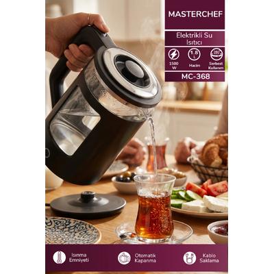 Masterchef MC-368 Cam Su Isıtıcı Kettle | 1500W & 1.8L Paslanmaz Çelik & Otomatik Kapanma&360 Kablosuz Kullanım