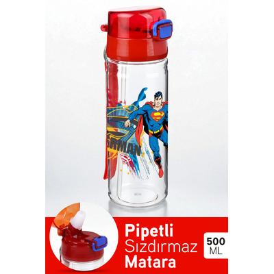 Tuffex Süperman Kilitli Kapaklı Sızdırmaz Pipetli Lisanslı Çocuk Suluk Matara 500 ml