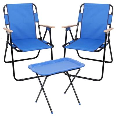 Romee Ahşap Kollu Katlanır Bahçe Kamp Sandalyesi +Sehpa Mavi Set