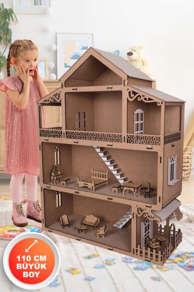 Evmakids XL 110 cm Oyuncaklı Ham Ahşap Boyanabilir Çocuk Bebek Oyun Evi