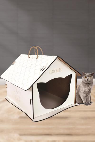 Evmarketi Ahşap Kedi Evi Kolay Taşınabilir Tutacaklı 5 mm Beyaz
