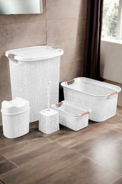 İronika 5 Parça Kirli Çamaşır Sepeti Çöp Kovası Klozet Fırçası Banyo Tuvalet Klozet Takımı Çeyiz Seti Beyaz