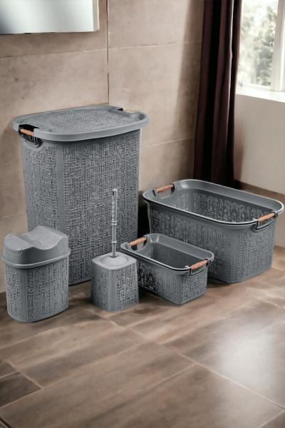 İronika 5 Parça Kirli Çamaşır Sepeti Çöp Kovası Klozet Fırçası Banyo Tuvalet Klozet Takımı Çeyiz Seti Antrasit