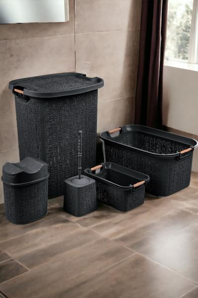 İronika 5 Parça Kirli Çamaşır Sepeti Çöp Kovası Klozet Fırçası Banyo Tuvalet Klozet Takımı Çeyiz Seti Siyah