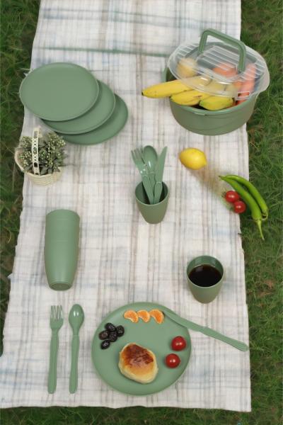 İronika 6 Kişilik 32 Parça Piknik Seti Plastik Bardak Çatal Kaşık Bıçak Yemek Kahvaltı Takımı-Yeşil