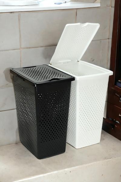 İronika 2'li Slim Kirli Çamaşır Banyo Seti - Bölmeli Kirli Çamaşır Sepeti Siyah-Beyaz