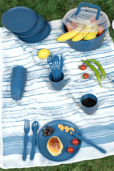 İronika 6 Kişilik 32 Parça Piknik Seti Plastik Bardak Çatal Kaşık Bıçak Yemek Kahvaltı Takımı-Lacivert