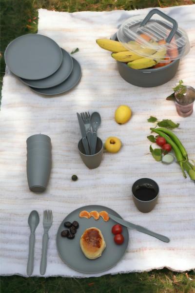 İronika 6 Kişilik 32 Parça Piknik Seti Plastik Bardak Çatal Kaşık Bıçak Yemek Kahvaltı Takımı-Gri