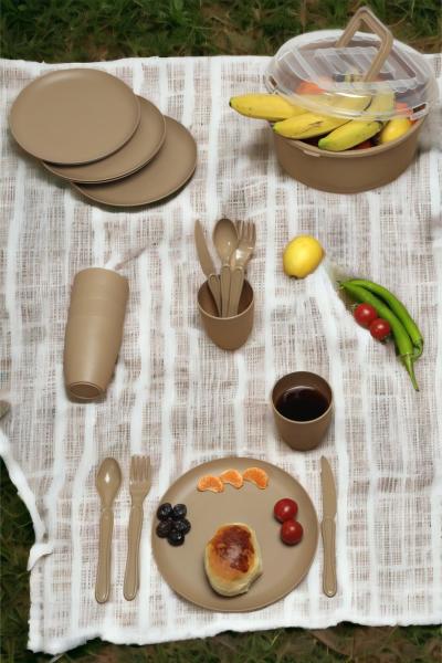 İronika 6 Kişilik 32 Parça Piknik Seti Plastik Bardak Çatal Kaşık Bıçak Yemek Kahvaltı Takımı-Kahverengi