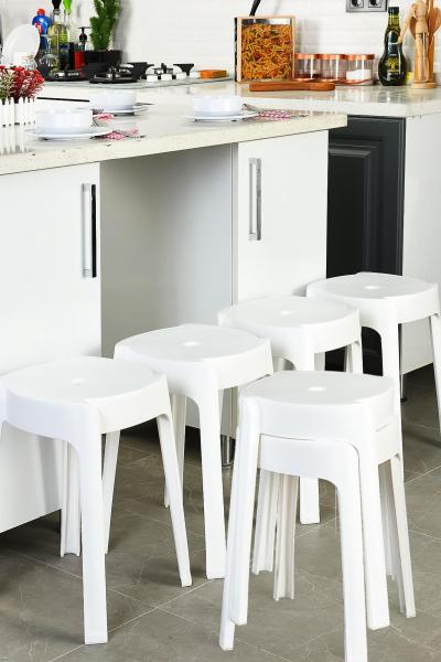 İronika Kaymaz Ayaklı Dekoratif İç İçe Geçebilen Plastik Tabure Mutfak Bahçe Taburesi 6 Adet Beyaz