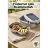 2 Bölmeli Kaşık Çatallı Paslanmaz Çelik Yemek Kabı Lunch Box Sefer Tası Beslenme Kabı Gri