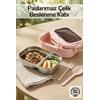 2 Bölmeli Kaşık Çatallı Paslanmaz Çelik Yemek Kabı Lunch Box Sefer Tası Beslenme Kabı Pembe
