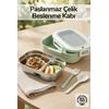 2 Bölmeli Kaşık Çatallı Paslanmaz Çelik Yemek Kabı Lunch Box Sefer Tası Beslenme Kabı Yeşil